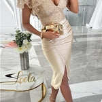 Margovil V Neck Ruffle Sleeves Slit Sequin Midi Party Dress