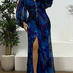 Margovil Off Shoulder Rhinestones Detail Printed Slit Pleated Maxi Dress