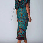 Wrap V Neck Drawstring Batwing Sleeves Slit Printed Midi Dress