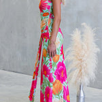 One Shoulder Sleeveless Floral Print Draped Maxi Dress