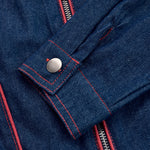 Casual Loose Retro Red Topstitched Denim Wide Leg Long Sleeve Jumpsuit