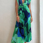 Margovil V Neck Waisted Back Cut Out Printed Maxi Pleated Dress