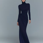 Women's Navy Elegant Stretch Polyester-Cotton Blend Turtleneck Draped Maxi Dress