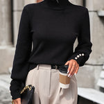 Solid Color High Neck Beaded Sleeves Sweater Versatile Knitwear