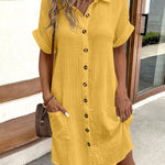 Loose Short Sleeves Buttoned Pockets Lapel Mini Dresses