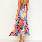 Spaghetti Strap Midi Dresses Sexy Deep V Neck Backless Floral Print Side Slit Maxi Dress