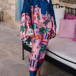 Seaside Stroll Satin Unique Print Button Up Long Sleeve Slit Kaftan Midi Dress