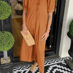 Women's Solid Puff Sleeve Button-Up Shirt Dress