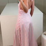 Pink V-neck striped backless dress
