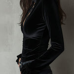 Chic Black Velvet Deep V Fitted Ruched Blouse With Satin Trim