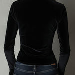 Chic Black Velvet Deep V Fitted Ruched Blouse With Satin Trim