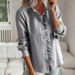 Nadorine Ruffle Trim Button Front Shirt Regular Fit Long Sleeve Work Blouse