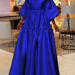 High Waisted Puff Sleeves Falbala Solid Color V-Neck Maxi Dresses
