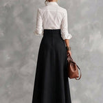 White Collar Shirt & High Waist Gold Button Skirt Two‑Piece Outfit