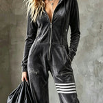 Velvet Hooded Zipper Wide Leg Jumpsuit