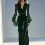 Vintage Elegant And Exquisite V-neck Mesh Long-sleeved Royal Blue Velvet Jumpsuit