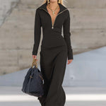 Elegant Retro Sporty V-neck Front Zipper Long-sleeved Pink Maxi Dress