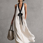 Bohemian Style White And Black Color Blocked Sleeveless V-neck Maxi Dress