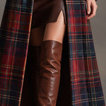 Women's Tartan Plaid Military Style Long Velvet Coat