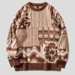 Vintage Floral Pattern Stitching Knit Sweater Casual Loose Round Neck Unisex Sweater