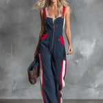 Retro Fahsion Sports Front Zipper Contrast Dark Blue Cotton Overalls Jumpsuit