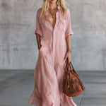 Casual Retro Western V-neck Front Button Short Sleeve Pink Cotton Linen Shirt Maxi Dress
