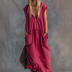 Vintage Casual Sporty Hooded V-neck Front Zip Lace Trim Sleeveless Raspberry Red Cotton Maxi Dress