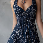 Retro Classic Floral Print Navy Blue Chiffon Sleeveless Maxi Dress