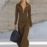 Elegant Retro Sporty V-neck Front Zipper Long-sleeved Pink Maxi Dress