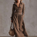 Exquisite Retro Western Lapel Front Button Red Windbreaker Style Cotton And Linen Maxi Dress