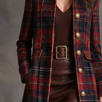 Women's Tartan Plaid Military Style Long Velvet Coat