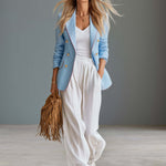 Vintage Sky Blue Linen-Blend Double-Breasted Blazer