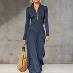 Casual Retro Sports Dark Gray Half-high Collar Front Zipper Long-sleeved Top And Wide Pants Set