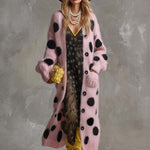 Vintage Fashion Lazy Front Button Black Polka Dot Pink Imitation Rabbit Fur Knitted Long-sleeved Cardigan