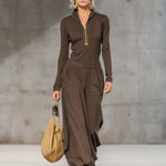 Casual Retro Sports Dark Gray Half-high Collar Front Zipper Long-sleeved Top And Wide Pants Set