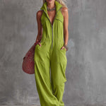 Casual Retro Western Collar Front Zipper Bright Green Cotton Linen Jumpsuit