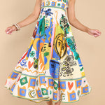 Joyful Glow Goddess Linen Blend Unique Print Pocketed Smocked Back Midi Dress