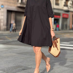 A-Line Short Sleeves Solid Color Split-Joint Lapel Mini Dresses Shirt Dress