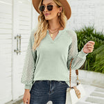 Nadorine V Neck Tops Solid Color Blouse Long Sleeve Pullover Lace Patchwork Shirt
