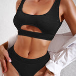 Two Piece Swimsuits High Waisted Hollow Out Criss Cross Back Self Tie Bikini Sets