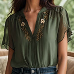 Vintage Embroidered Chiffon Short Sleeve Shirt