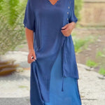 Nadorine Women's Asymmetric Summer V Neck Short Sleeve Patchwork Split Loose Casual Ankle-Length Long Dress