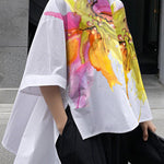 Half Sleeves High-Low Buttoned Flower Print Split-Side Stand Collar Blouses&Shirts Tops