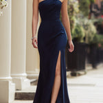 Navy One-Shoulder Draped Slit Maxi Dress