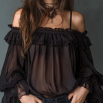 Romantic Cold-Shoulder Ruffle Chiffon Blouse With Lace Trim