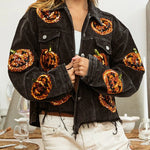 Halloween Pumpkin Sequined Distressed Corduroy Jacket