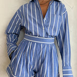 Margovil Striped Long Sleeves Curve Hem Shirt and High Rise Shorts Set