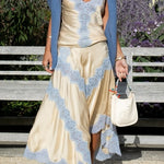 Margovil High Rise Color Block Lace Trim Satin Maxi Skirt