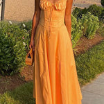 Margovil Drawstring Neck Slit Bustier Midi Cami Dress