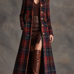 Women's Tartan Plaid Military Style Long Velvet Coat